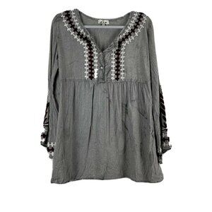 A&A Gray Peasant Blouse top Crochet Embroidered Details
